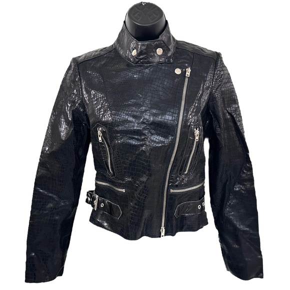 bebe Jackets & Blazers - Bebe Y2K Black Genuine Leather Moto Jacket Small Buckles Zipper Silver Hardware